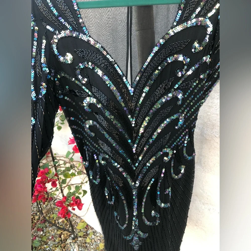Vintage  mesh sequin beaded silk mini dress with long sleeve holiday sparkle - Picture 14 of 16